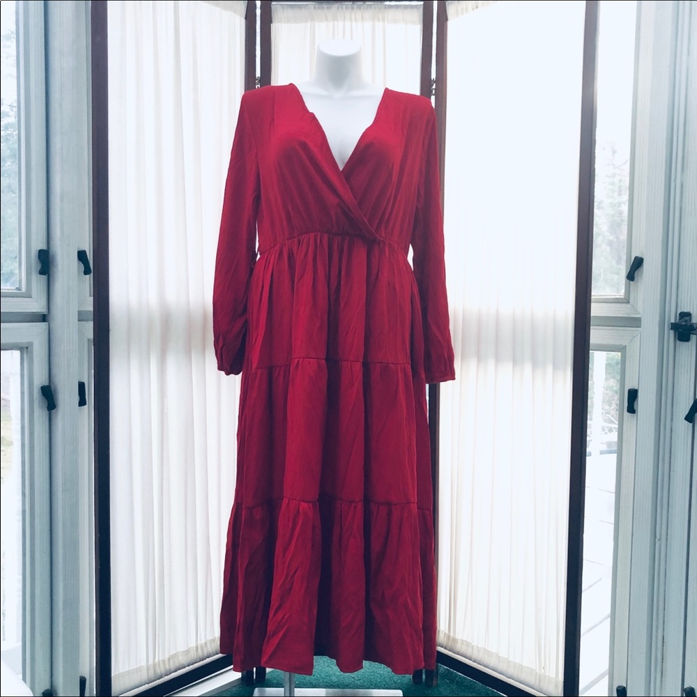 Red Faux Wrap Tiered Dress